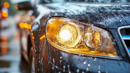 Car Headlight Glowing in Rain, Close Up