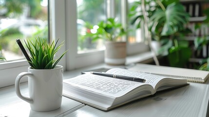 Cozy Reading Nook with Greenery and Notebook
