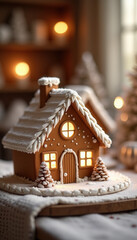 Adorable gingerbread house decorated with icing and candy cane details in a warm, sunny setting