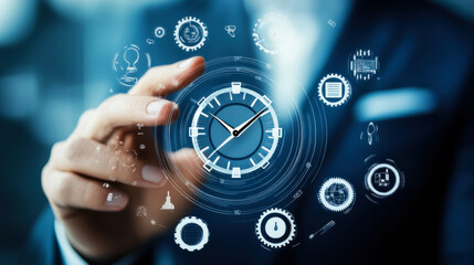 Business professional interacting with futuristic time management interface in a dark environment