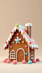 Adorable gingerbread house decorated with icing and candy cane details in a warm, sunny setting