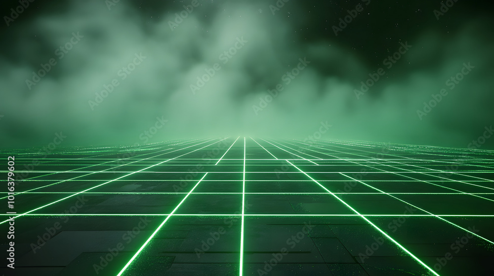 Poster Bright green laser beams forming a grid pattern on a dark, foggy background, adding depth to the visual