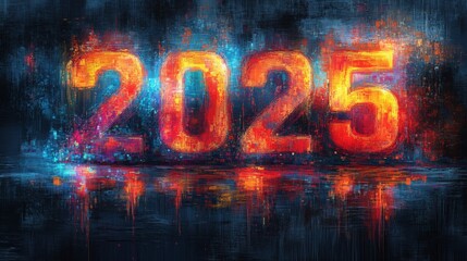 Retro pixel art depicting the year 2025 with vibrant colors and a glossy finish on a dark background