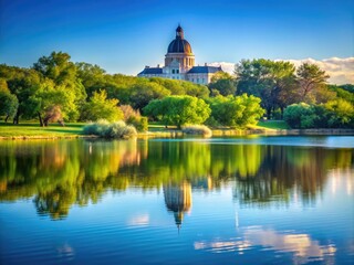 Obraz premium Tranquil Wascana Lake and Forest Park View with Saskatchewan Legislative Building, Regina