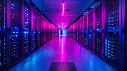 A vibrant data center with rows of servers glowing in blue and purple light, showcasing advanced technology and modern infrastructure