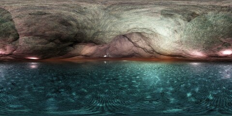 Dungeon, cave, underground lake, HDRI, environment map , Round panorama, spherical panorama, equidistant projection, panorama 360, 3d rendering