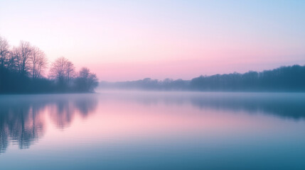 Fototapeta premium Misty Tree-Lined Lake with Soft Pastel Pink and Blue Sky Reflections at Dawn