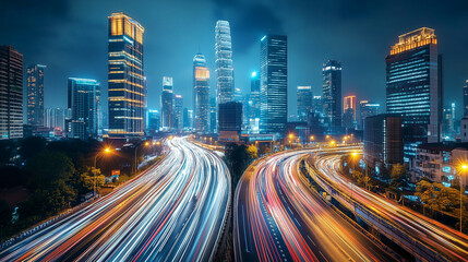 Fototapeta premium Vibrant Night Cityscape with Illuminated Buildings and Highways Captured in a Dynamic Long-Exposure Shot