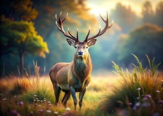 Majestic stag standing in lush green field, surrounded by vibrant foliage and soft sunlight. serene atmosphere captures beauty of nature and wildlife