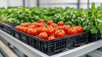 Automated robotic arms efficiently packaging a variety of freshly harvested organic vegetables in a high tech factory setting showcasing advancements in smart farming and food distribution logistics
