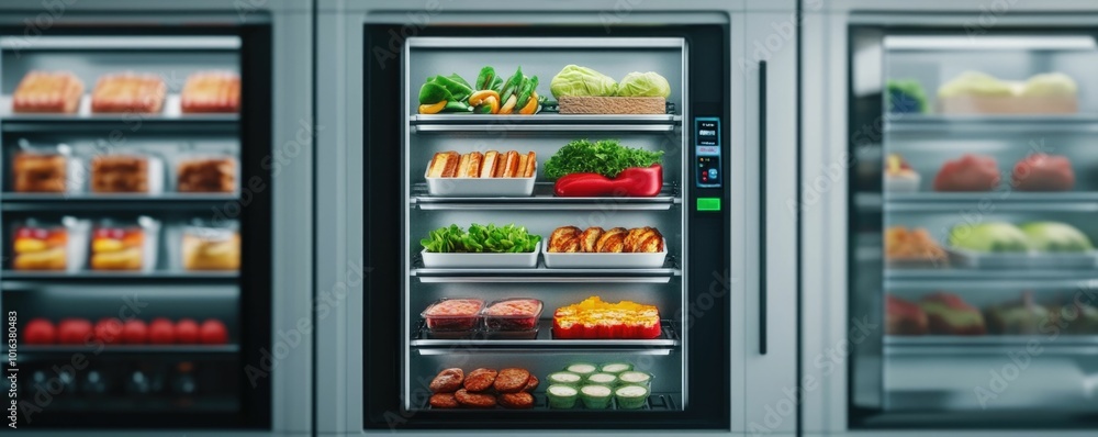 Poster futuristic food vending machine with advanced automation technology that can create fresh nutritious