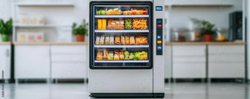 Poster futuristic food vending machine creating fresh meals on demand with advanced food automation and hig