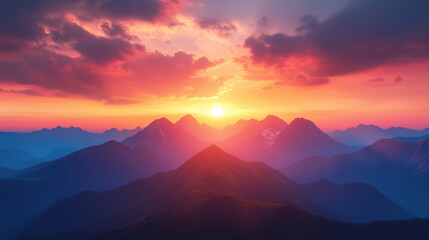 Obraz premium Vivid Sunset Over Mountain Peaks with Soft Purple and Red Light Reflecting in the Sky