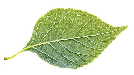 Light green aspen leaf with serrated edges, isolated on a clean white background, minimalist nature design