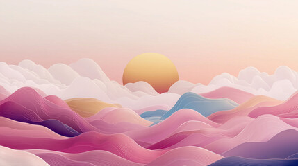 Fototapeta premium Cute Cartoon Vector Background in Colorful Pastel Coral and Pink Colors with Hills and Clouds at Sunset