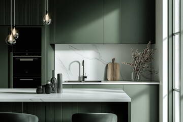 kitchen furniture in matte green color, minimalism with white marble countertop