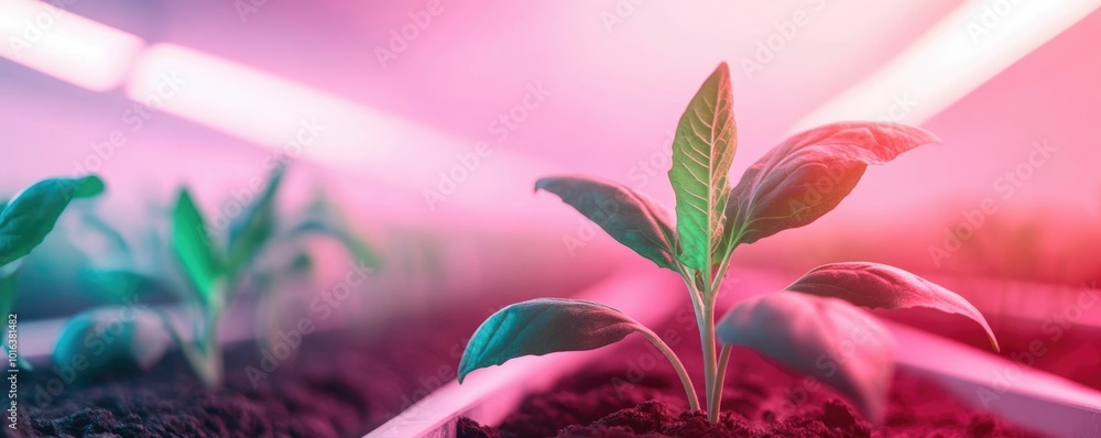 Aufkleber close up view of a high tech indoor vertical farming system using led lighting and automated waterin