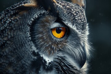A stunning close-up of an owl showcasing its intricate feathers and striking gaze. The vibrant orange eye captivates. This image highlights wildlife beauty. Generative AI