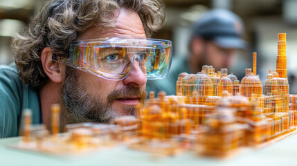 A man closely inspects a transparent 3D-printed model of an industrial complex while wearing safety glasses in a design studio setting