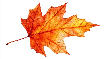 Single orangered maple leaf, detailed textures, isolated on a white background, autumnal design