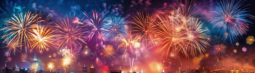 Fototapeta premium Fourth of July fireworks displays over cityscapes, vibrant and patriotic, Urban, Bright hues, Photograph, National celebration