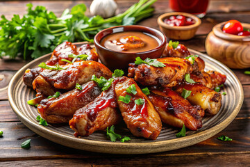 Delicious BBQ chicken wings garnished with fresh herbs, served with rich dipping sauce on rustic plate. Perfect for gatherings and celebrations!