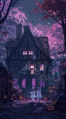A creepy mansion surrounded by trees, two girls dressed in white and black...