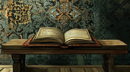 Obraz premium Cartoon image of South Asian religious texts lying on a wooden bench, intricate patterns in the background, ample copy space -