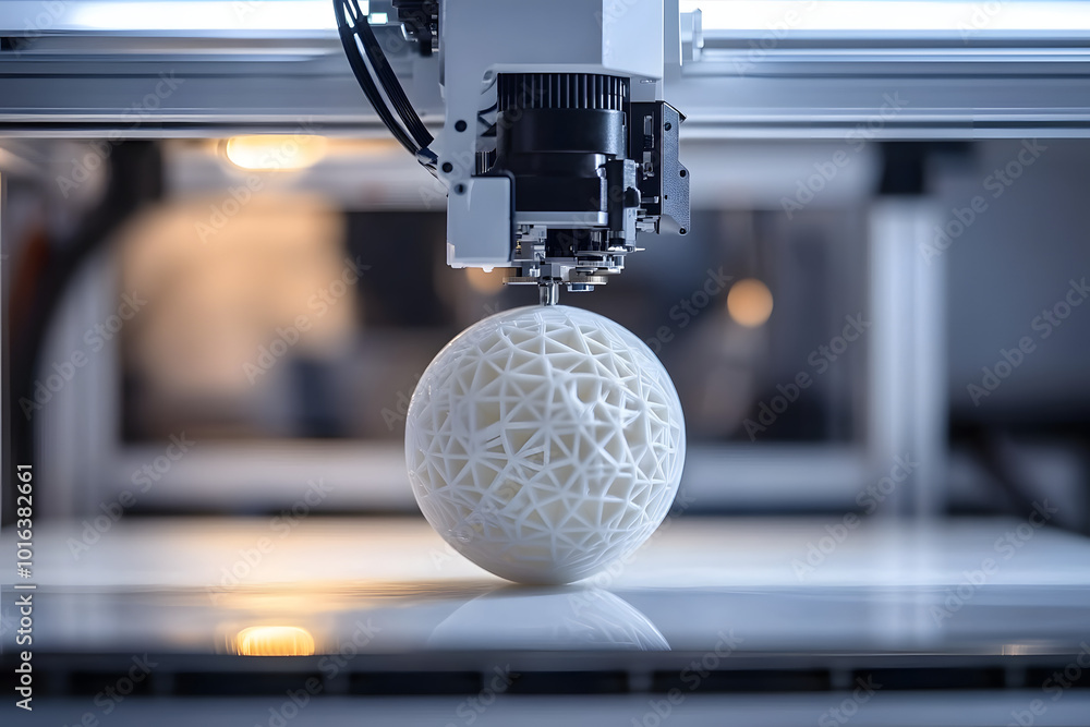 Poster a 3d printer is creating a white sphere. the sphere is being made of plastic and is being printed in
