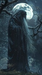 Fototapeta premium A dark fantasy art-style painting of an old wizard standing in the center. He...