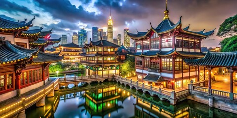 Unique Nighttime Aerial Silhouette of Yuyuan Garden Against Pudong Skyscrapers in Shanghai