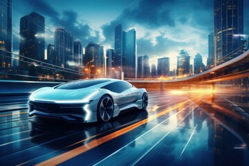 Electric car city architecture cityscape.