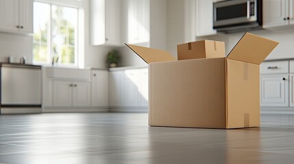 A close-up reveals a cardboard box placed in an open gray metal cabinet, containing a package on the floor of a modern home office with gray tiles and white walls