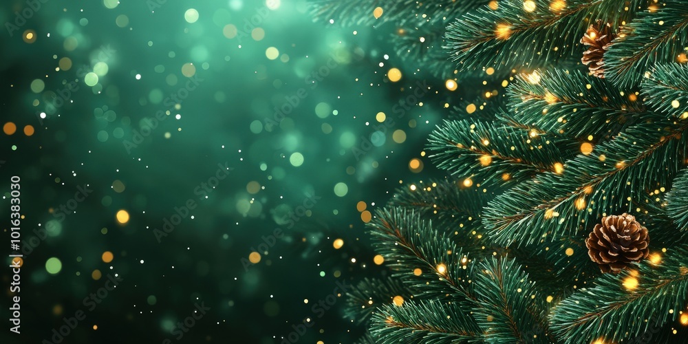 Poster lush fir tree branches with festive lights and bokeh