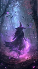 Fototapeta premium A dark fantasy illustration of an evil witch in the woods, casting purple...