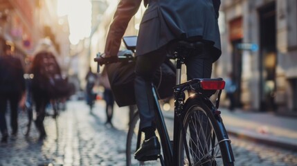 A man in a gray suit rides a black bicycle on a cobblestone road, with pedestrians in the background. Warm lighting enhances the scene's vibrancy.