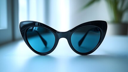 Fashionable cat-eye shaped sunglasses with sleek black frames and reflective blue tinted on a plain blue background. The sunglasses have a modern,minimalist.