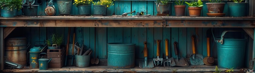 Obraz premium Gardening tools arranged in a rustic shed, green and vibrant, Nature, Soft tones, Photograph, Botanical care