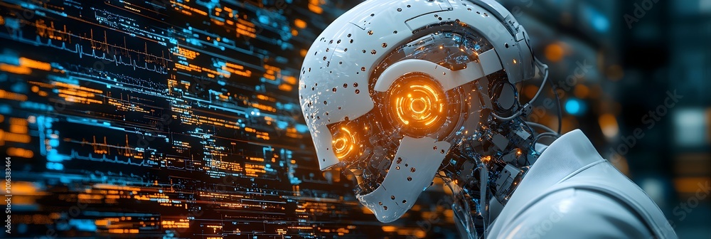 Poster Futuristic cyborg figure with glowing digital interface and colorful visualization of data and algorithms. Conceptual representing intelligence,advanced technology.