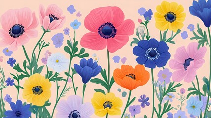 Naklejka premium A vibrant floral arrangement featuring colorful flowers in shades of pink, yellow, blue, and purple against a light background.