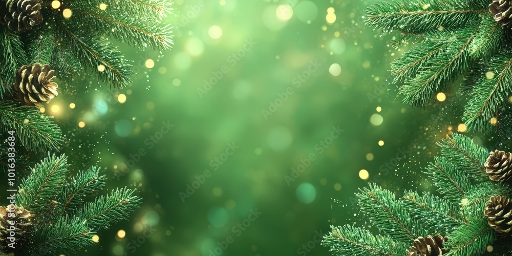 Poster festive fir tree branches with soft bokeh lights