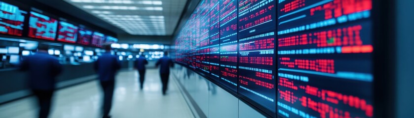 Fototapeta premium Dynamic trading floor with digital stock ticker displaying live market data and people in motion, embodying financial activity and energy.