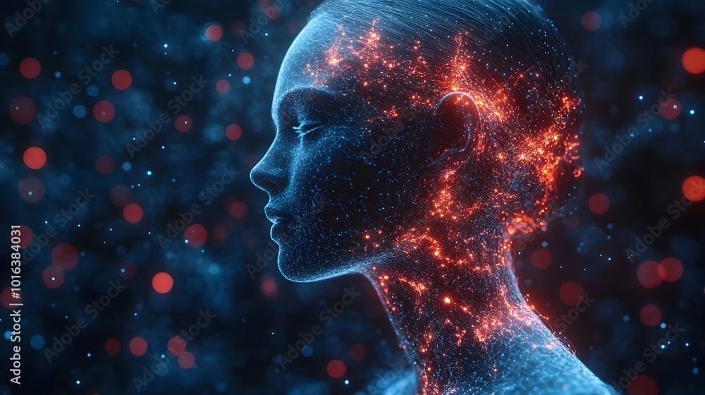 Poster glowing cyborg face in cosmic digital landscape depicting intelligence and technological innovation.