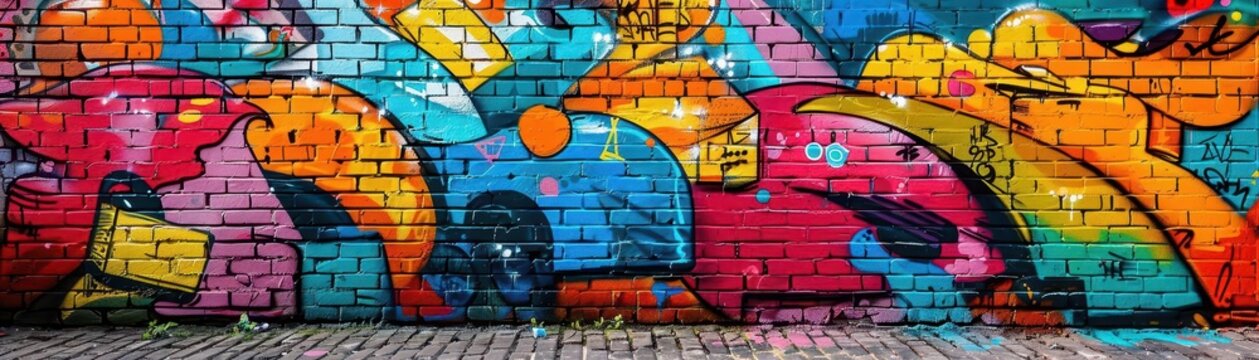 Graffiti art adorning city walls with vibrant colors and messages, rebellious and artistic, Urban, Bright hues, Photograph, Street art