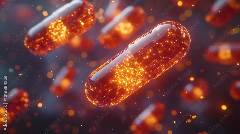 Poster Glowing Pharmaceutical Capsule in Abstract Digital Render - Futuristic 3D of Mysterious Pill or Medicine Molecule with Shimmering Lights and Ethereal Energy Effect