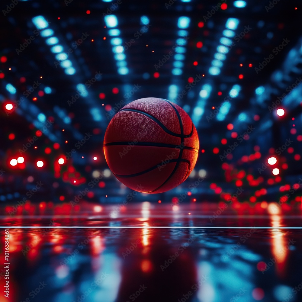 Poster a vibrant basketball floating in a dynamic arena filled with colorful lights and reflections.