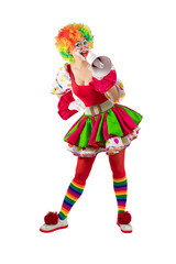 Funny female clown shouting with loudspeaker. Woman entertainer as colorful Joker, suit and wig, clown whiteface makeup. Trickster, jester, pantomime, mime, and a professional actor at events