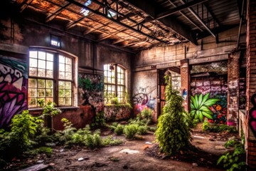 Fototapeta premium Urban Exploration Watercolor Dreamscape: Capturing the Beauty of Abandoned Spaces