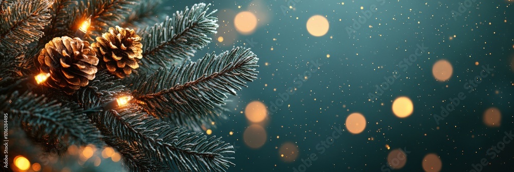 Poster holiday lights on a fir tree with bokeh background