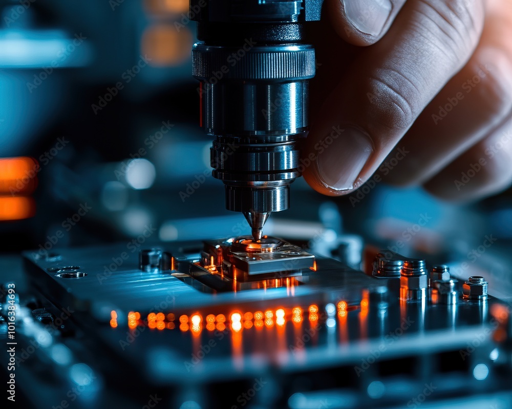 Poster close-up of a hand using precision tools on a circuit board, showcasing advanced technology in elect
